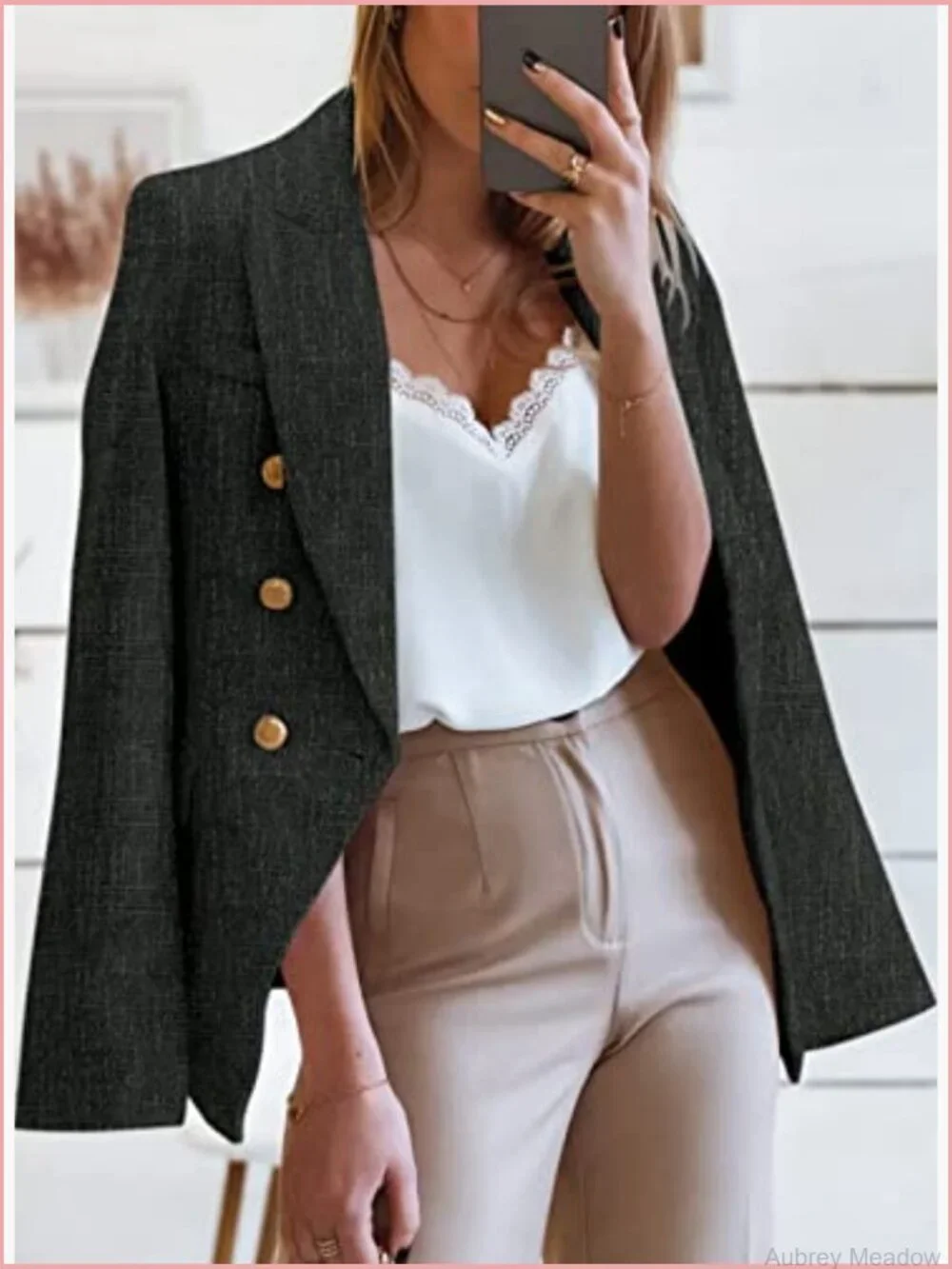 Womens Tweed Blazer Double Breasted Open Front Long Sleeve Work Suit Jacket